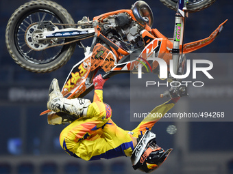 Jose Miralles, a Spanish FMX rider, the qualification round, in the opening day of Diverse NIGHT of the JUMPs in Krakow's Arena. Krakow, Pol...