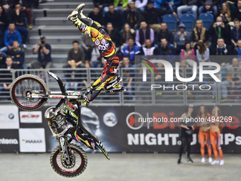 Brice Izzo, a French FMX rider, during his qualification jump in the opening day of Diverse NIGHT of the JUMPs in Krakow's Arena. Krakow, Po...