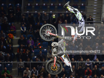 Maikel Melero, a Spanish FMX rider, during his qualification jump in the opening day of Diverse NIGHT of the JUMPs in Krakow's Arena. Krakow...