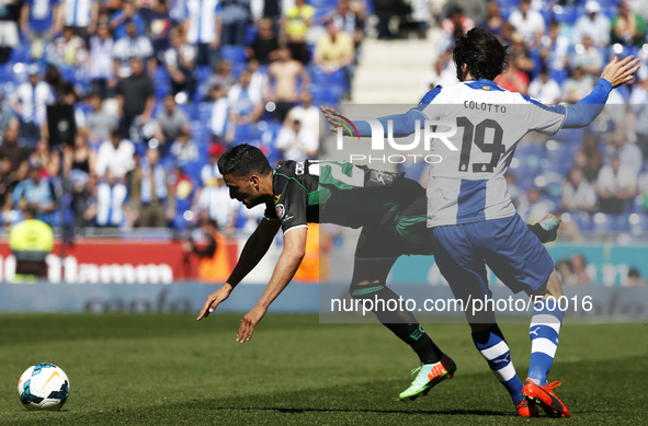 Christian Herrera and Colotto in the match between RCD Espanyol and Elche, for the Week 27 of the Spanish League match at the Cornella-El Pr...