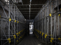 Scaffolding in the historic center of L'Aquila, on March 31, 2015 damaged after the earthquake of 6 April 2009. The sixth anniversary of the...