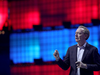 Microsofts President Brad Smith delivers a speech during the annual Web Summit technology conference in Lisbon, Portugal on November 6, 2019...