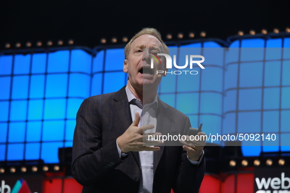  Brad Smith, President, Microsoft, speaks on ''The promise and peril of the digital age'' at Center Stage of Web Summit in Altice Arena on N...