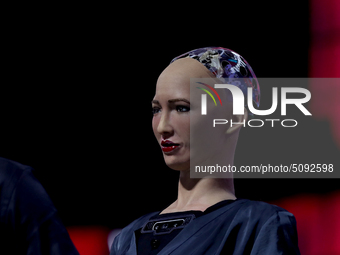 Social humanoid robot developed by Hong Kong-based company Hanson Robotics, Sophia The Robot speaks during the annual Web Summit technology...