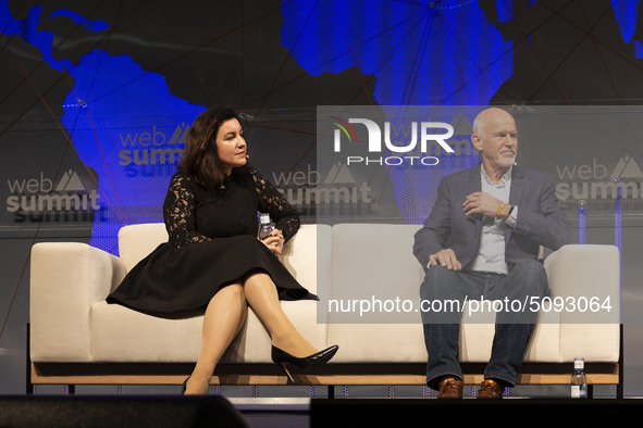 Dorothee Bar (Federal Government of Germany and George Papandreou (Hellenic Parliament) speak during day three of the Web Summit 2019 in Lis...