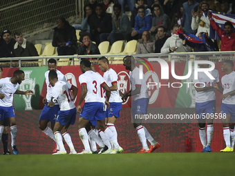Cape Verdean players celebrating the goal during the Portugal vs Serbia friendly football match at Antonio Coimbra da Mota stadium in Estori...