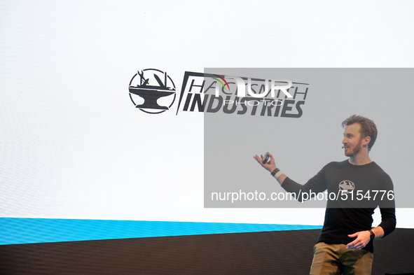 James Hobson, aka The Hacksmith, giving a talk during the Bright Day Festival in Amsterdam, on November 23rd, 2019. 