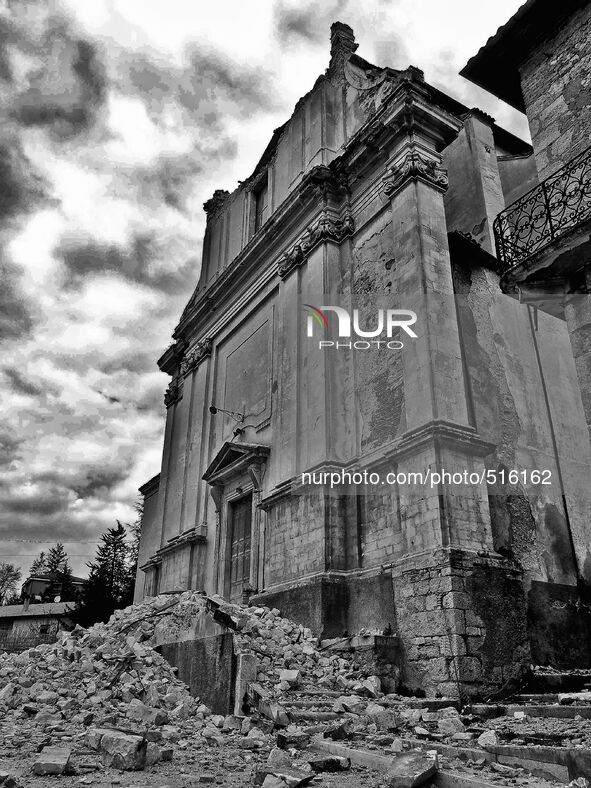 The facade of the church destroyed by the earthquake, in Casentino Abruzzo, Italy on April 11, 2009 