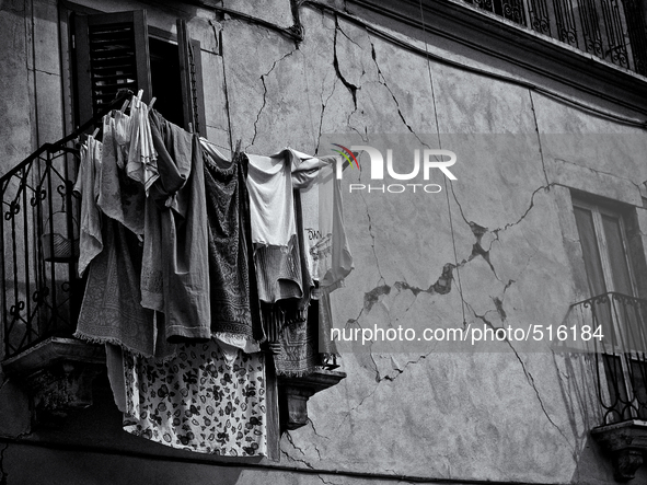Cloths were hung out on the balcony of an apartment evacuated after the earthquake, in Sant' Eusanio Forconese,  Abruzzo, Italy on April 12,...
