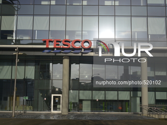 Light shining on the Tesco Bank telephone contact centre in Glasgow, Scotland, on Saturday 11th April 2015. (