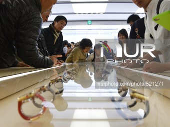 Samples of the Apple Watch are seen on display at the Apple Store of Ginza shopping district in Tokyo, Japan, 10 April 2015. Customers can t...