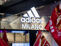 Employees of the well-known clothing brand Adidas protest in front of the Adidas store in Milan against the 41 dismissals due to the relocat...