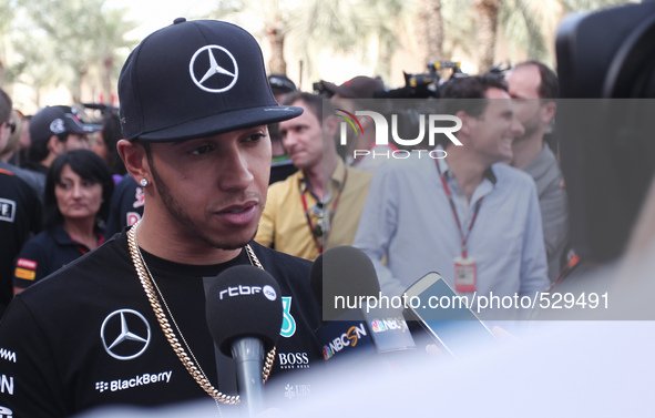 Lewis Hamilton talking to press conference in Manama on April 16, 2015, ahead of the weekend's Bahrain Formula One Grand Prix at the Sakhir...