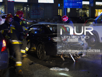 Emergency services are seen on Jerusalem Avenue in central Warsaw, Poland on January 8, 2020. Four cars crashed into each other on Wednesday...