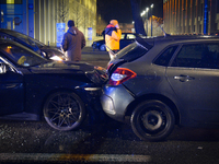 A BMW and a Citroen car are seen after having collided with multiple cars in Warsaw, Poland on January 8, 2020. Four cars crashed into each...
