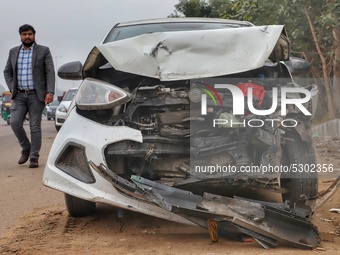 A car met with an accident on Delhi - Jaipur highway in Gurugram,  Haryana on 10 January 2020 (
