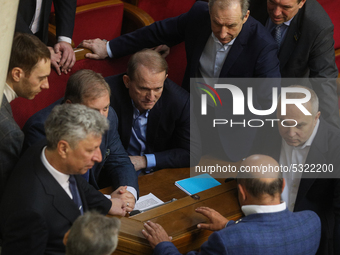 Nestor Shufrych and Viktor Medvedchuk attend lawmakers work at the session of the Verkhovna Rada in Kyiv, Ukraine, January 14, 2020. The Ver...