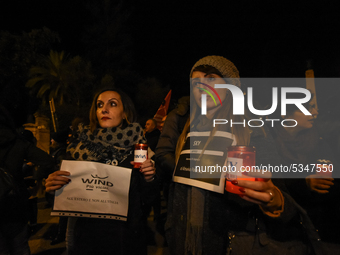Almaviva call center workers protested with a peaceful torchlight procession to safeguard their jobs on 21 January 2020 in Palermo, Italy....