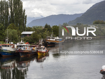 A port with fishermen's boats in Puerto Aisen (Aysen), Patagonia, Chile on 17 December, 2017. Puerto Aisén is a small city in Chile located...
