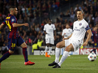 BARCELONA, SPAIN - APRIL 21: Jordi Alba and Zlatan Ibrahimovic during the match of UEFA Champions League Quarter finals second leg between F...
