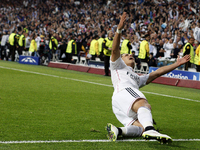 Real Madrid's Mexican forward Javier Hernandez Chicharito celebrates a goal during the Champions League 2014/15 Round of 8 second leg  match...
