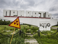 Radiactive signal close to the marker signal entry to Pripyat city in Chernobyl area. (