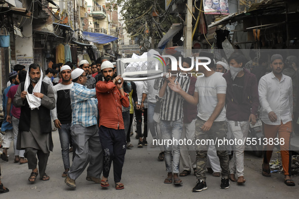 Indian muslims carry the dead body of Bhure Ali during his funeral in Mustafabad area of east Delhi, India on 04 March 2020. Ali, a labourer...