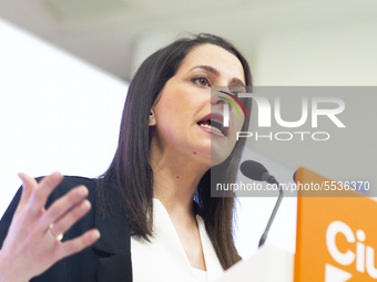 The president and spokeswoman of Ciudadanos, Ines Arrimadas, is seen giving a press conference after a meeting about Coronavirus outbreak on...