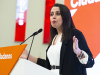 The president and spokeswoman of Ciudadanos, Ines Arrimadas, is seen giving a press conference after a meeting about Coronavirus outbreak on...