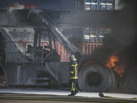 Firemen try to extinguish flames at the autonomous port of Strasbourg, France, on March 18, 2020.  (