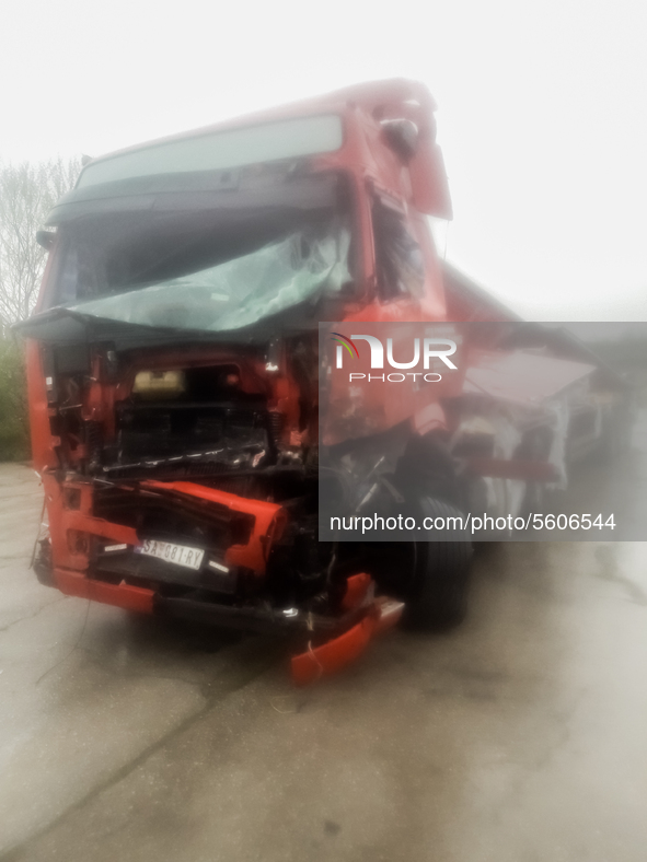 The remains of 22 heavy trucks that were part of a chain crash yesterday were transported to a parking lot near Harmanli, Bulgaria on April...