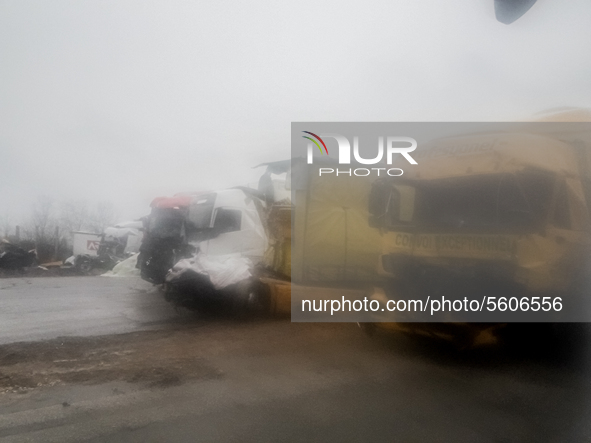 The remains of 22 heavy trucks that were part of a chain crash yesterday were transported to a parking lot near Harmanli, Bulgaria on April...