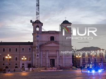 A view of Duomo Church in L’Aquila, Italy, on April 6, 2020 during the 11th Anniversary of 2009 L’Aquila Earthquake. On each anniversary ove...