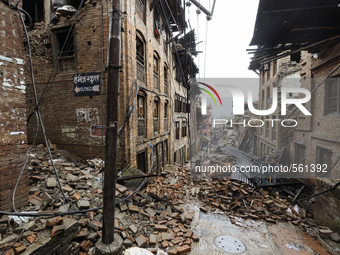 Damaged buildings line a street following the 2015 Nepal earthquake, Durbar Square, Bhaktapur, Nepal. An earthquake with a magnitude of 7.8...