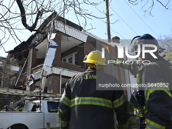 Emergency crews respond to a partial building collapse in the West Mount Airy neighborhood of Philadelphia, PA, on April 19, 2020. (