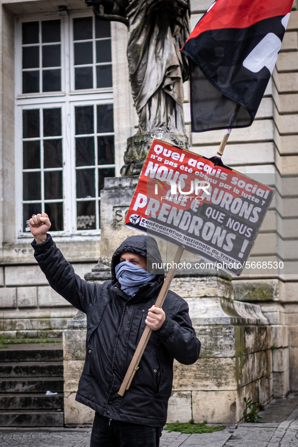 A man demonstrate in Bordeaux, France, on May 1 , 2020 for May Day during lockdown. 