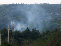 A View of burning forest near DMZ in Goseong, some 160 kilometers northeast of Seoul, on May 2, 2020. The fire broke out a day earlier. A fi...