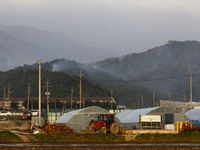 A View of burning forest near DMZ in Goseong, some 160 kilometers northeast of Seoul, on May 2, 2020. The fire broke out a day earlier. A fi...