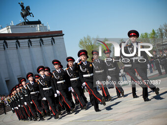 Military Cadets of Russia parade at Poklonnaya Hill in Moscow to mark the 70th Vicotry Day event ahead of the main 9th May Parade in Red Squ...