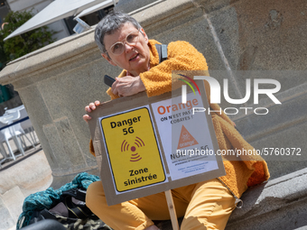 Anti-5G demonstrator at a demonstration organised by the 'Resistance 5G Nantes' association on Place Royale in Nantes, France, on June 6, 20...