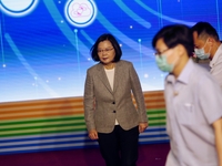 Attending a press conference revealing the 5G transmission establishment by the network provider Chunghwa Telecom, Tsai Ing-wen, President o...