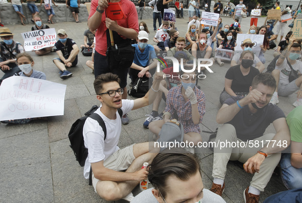 Ukrainian students take part at a rally against the appointment of acting Minister of Education and Science of Ukraine Serhiy Shkarlet on hi...