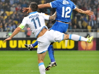 Christian Maggio Napoli (L) and Leo Matos FC Dnipro (R) in the fight for the ball during the second leg of the Europa League semi-final betw...