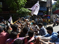 Left Front students union, youth wing and women's association protest on 16th July 2020, Kolkata, India. According to recent emergency situa...