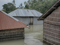Houses are seen drowned underwater as the flood occurred at Jatrapur area in Kurigram, Bangladesh on Saturday, July 18, 2020. (