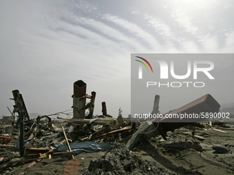 March 20, 2011-Rikuzen Takata, Japan-A View of debris and mud covered at Tsunami hit Destroyed city in Rikuzentakata on March 20, 2011, Japa...