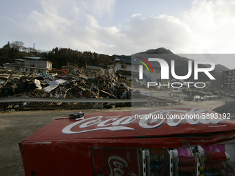 March 23, 2011-Ofunato, Japan-A View of debris and mud covered at Tsunami hit Destroyed Industrial Area in Ofunato on March 23, 2011, Japan....