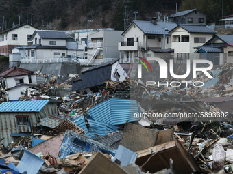 March 25, 2011-Kojirahama, Japan-A View of debris and mud covered at Tsunami hit Destroyed fishing village in Kojirahama on March 25, 2011,...