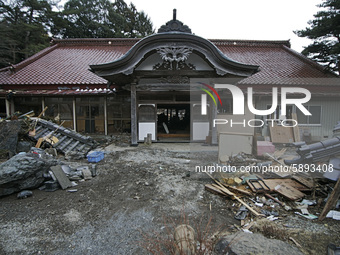 March 25, 2011-Kojirahama, Japan-A View of collapse shrine on mud covered at Tsunami hit Destroyed fishing village in Kojirahama on March 25...