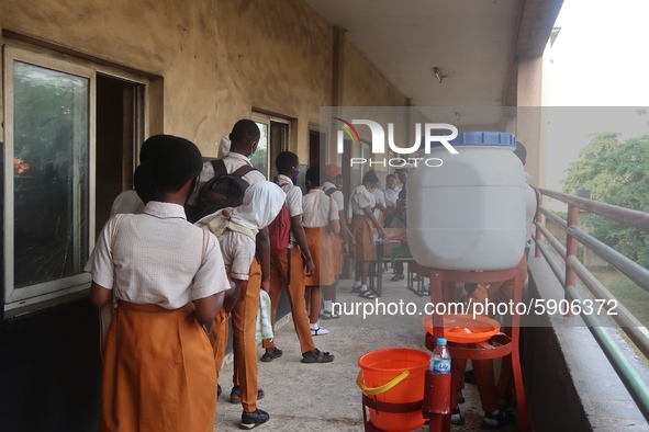 Final year students of Agidingbi Senior Grammar School, Ikeja, Lagos, Nigeria register as they resume school after COVID-19 lockdown order o...